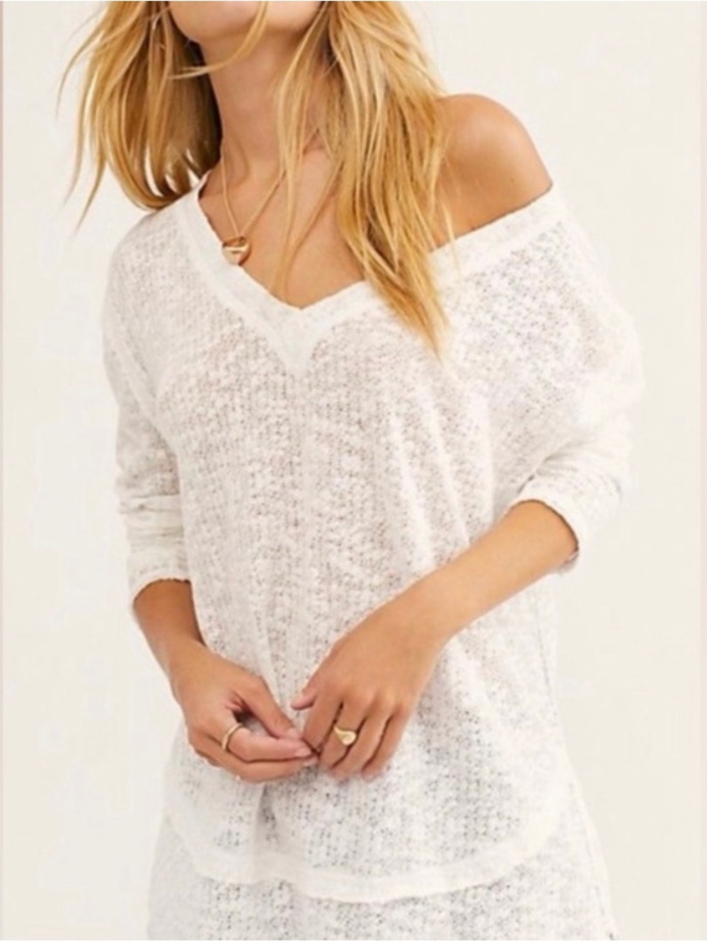 Free People We The Free Ocean Air Hacci Pullover Top Ivory Extra Small XS V-Neck
